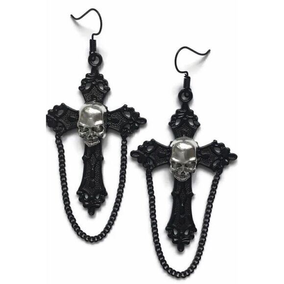 🔥💀NWT Skull chainlink  cross earrings black cross silver skulls. - Picture 1 of 7